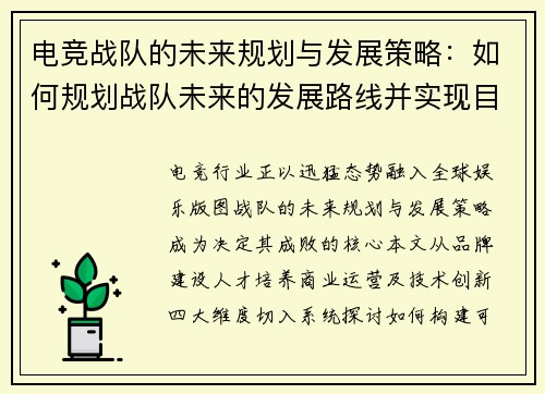 电竞战队的未来规划与发展策略：如何规划战队未来的发展路线并实现目标