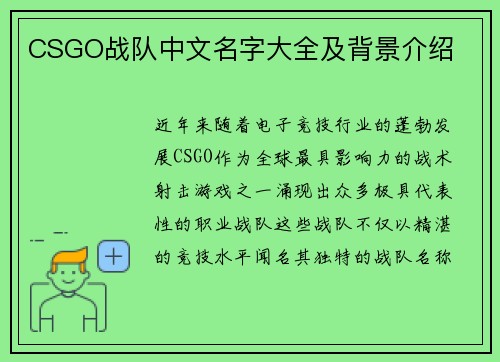 CSGO战队中文名字大全及背景介绍
