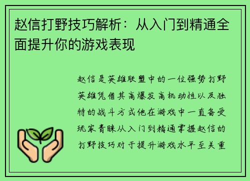 赵信打野技巧解析：从入门到精通全面提升你的游戏表现